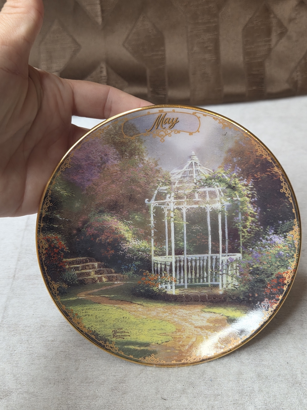 Thomas Kinkade White Gazebo in Lush Spring Garden May Plate- Green, Purple,Gold